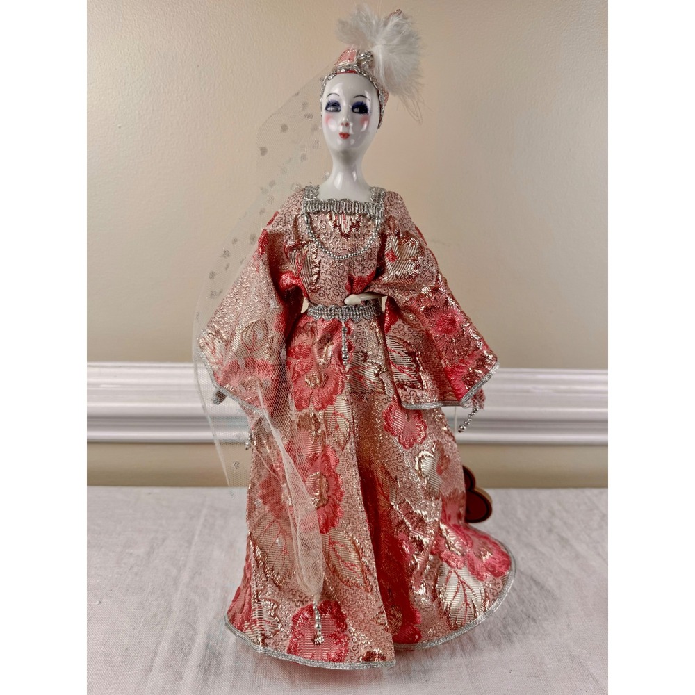 J and J Design Hand Painted Porcelain Doll Pink Gold Brocade High Fashion 15.5in